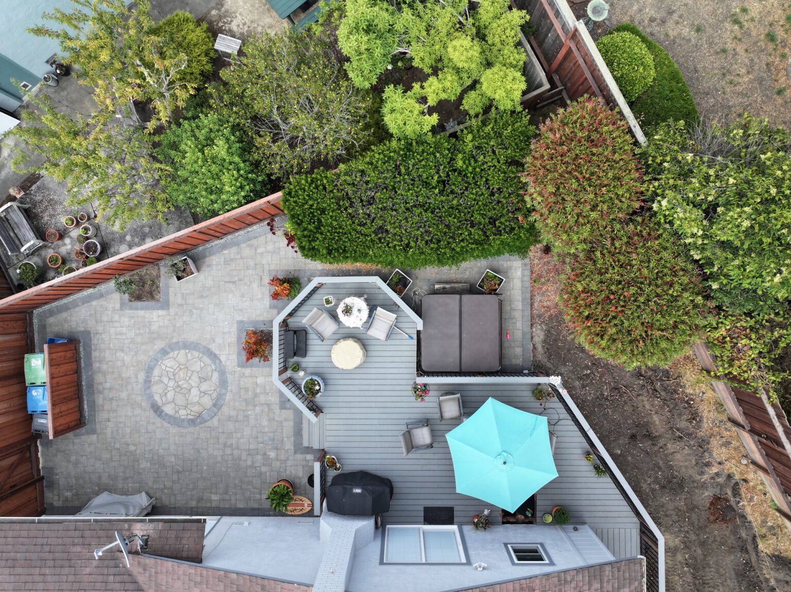 Deck Builder in San Leandro 32 Birds eye view of outdoor remodeling services offered by Geico Builders including landscaping design, pool deck, outdoor kitchen. The #1 general contractor in San Leandro