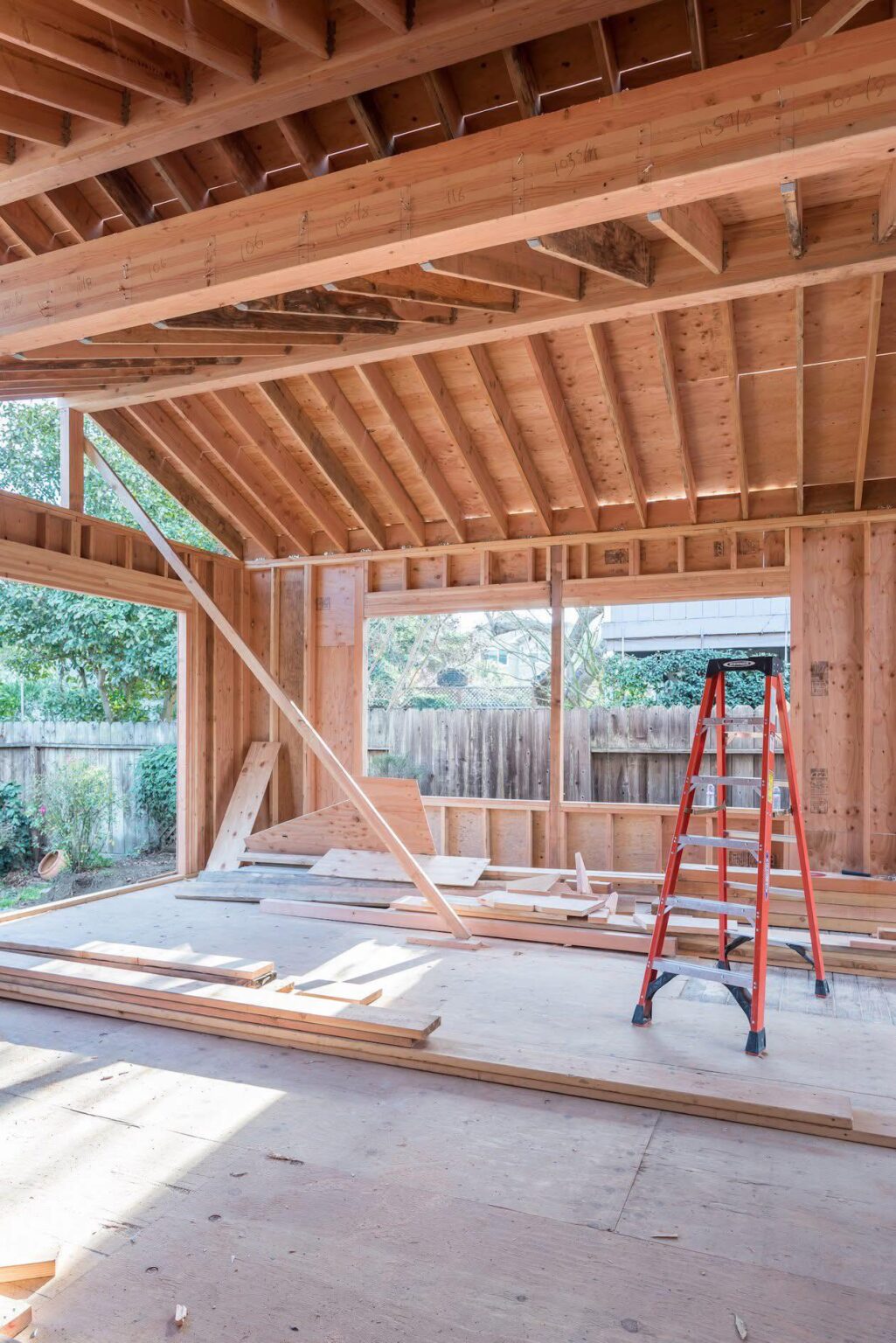 ADU Builder in San Leandro 32 a ladder in a wood adu frame. Expert construction. The best ADU Builder in Alameda