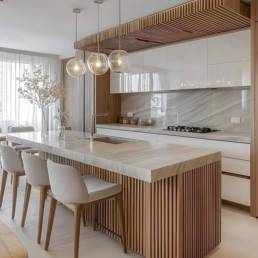 a kitchen with a large island