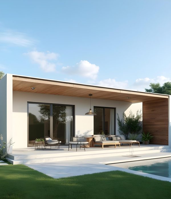 ADU Builders. ADU with a white patio and an exterior pool