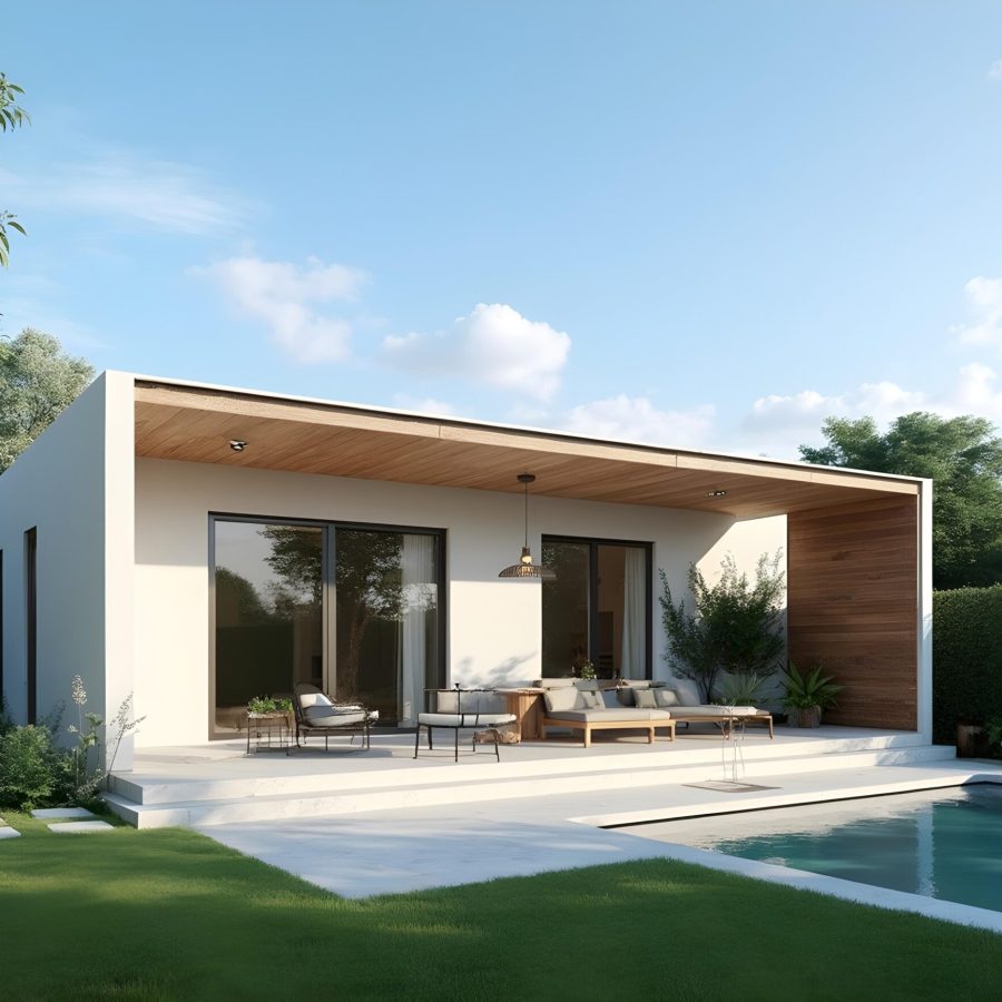 ADU Builders. ADU with a white patio and an exterior pool