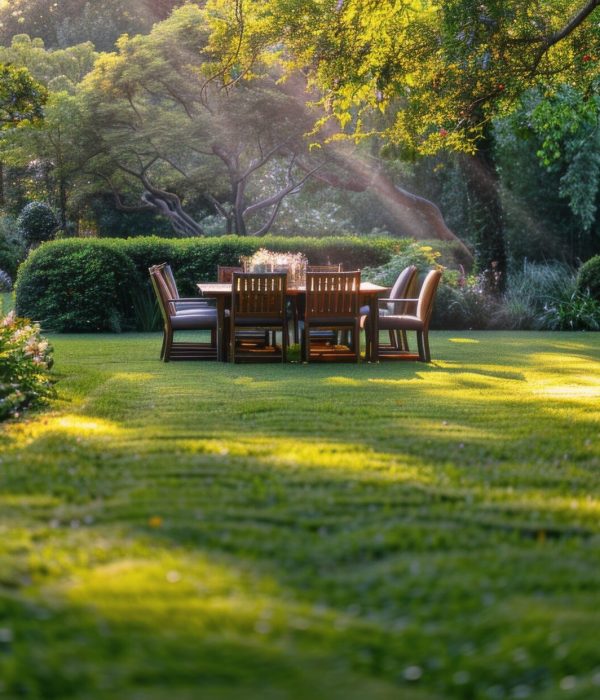 A beautifully manicured lawn with a table and chairs set for afternoon tea in a lush, green garden.