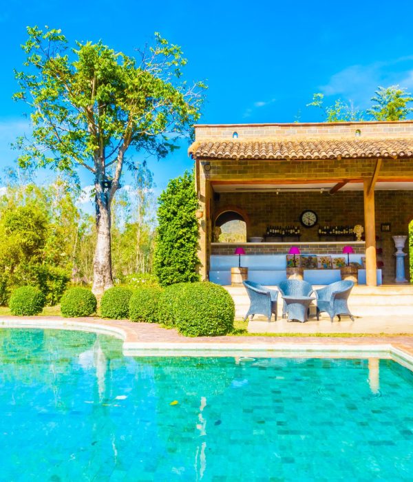 Outdoor swimming pool with beautiful landscape background