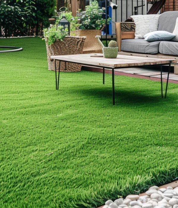 Landscaping. Artificial turf in a backyard with a couch and flowers surrounding it