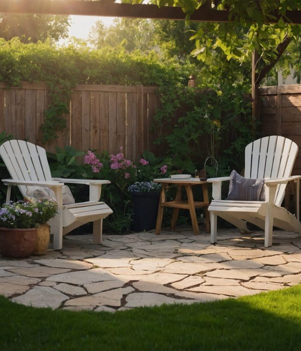 Landscaping services. Artificial grass surrounding a small seating area with flowers nearby