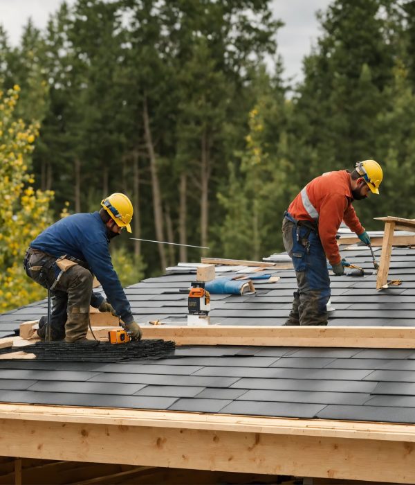 Craftsman is installing a slate roof. Professional roof workers installing roof for a old house .Working on rooftop.