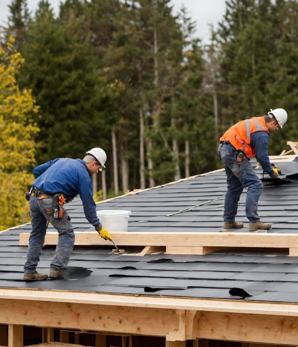 Craftsman is installing a slate roof. Professional roof workers installing roof for a old house .Working on rooftop.