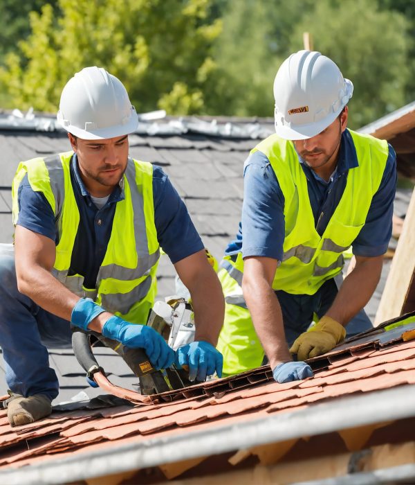 Craftsman is installing a slate roof. Professional roof workers installing roof for a old house .Working on rooftop.