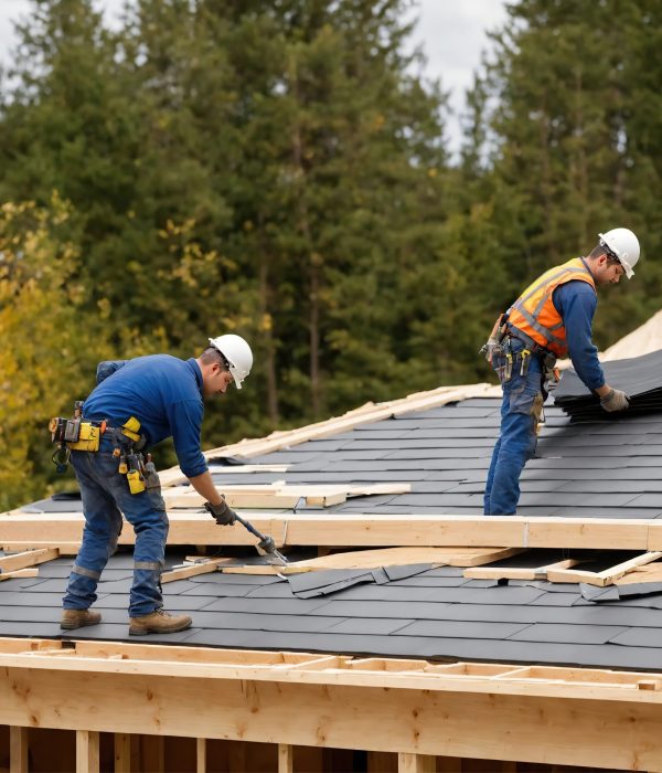 Craftsman is installing a slate roof. Professional roof workers installing roof for a old house .Working on rooftop.